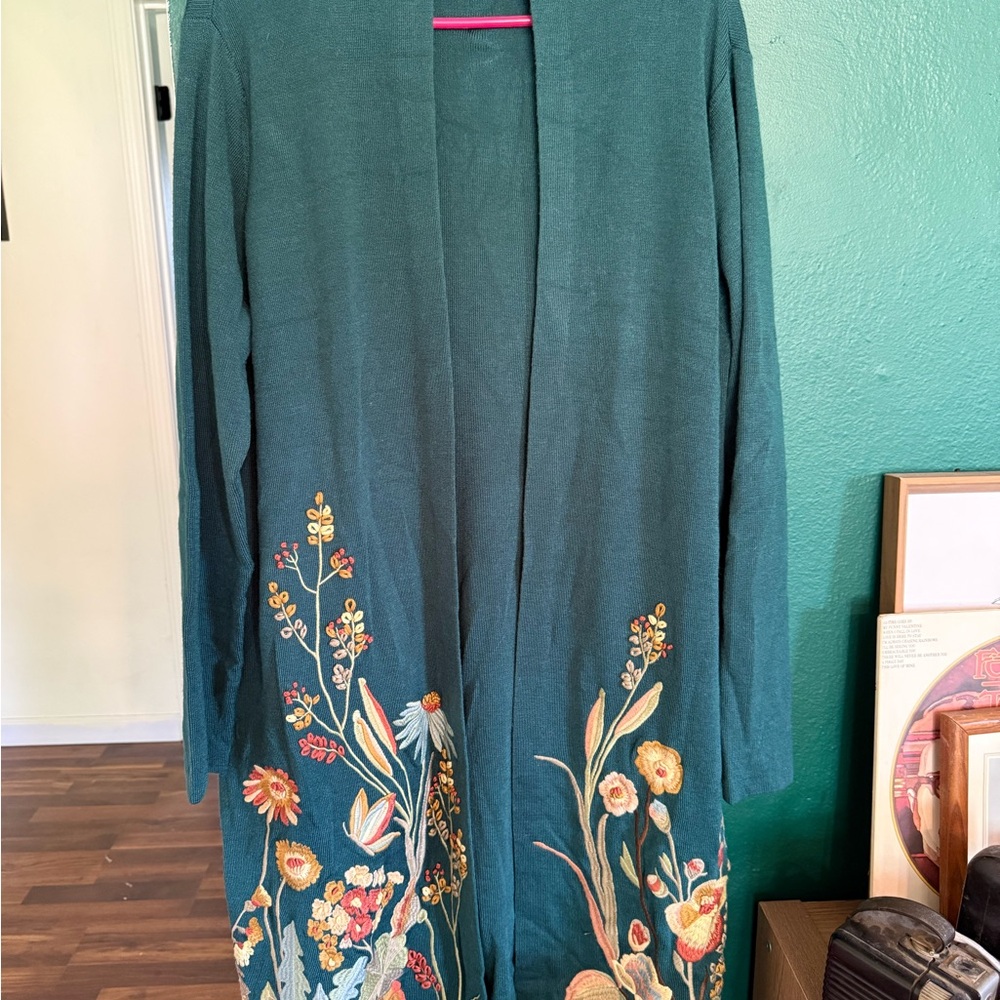 Green Floral Embroidered Cardigan Sweater